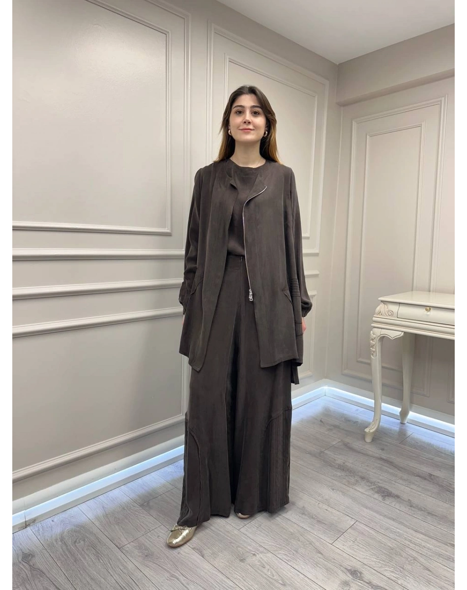 Misswhence 39208 Kahverengi Tunik Arkası Yırtmaçlı Takım