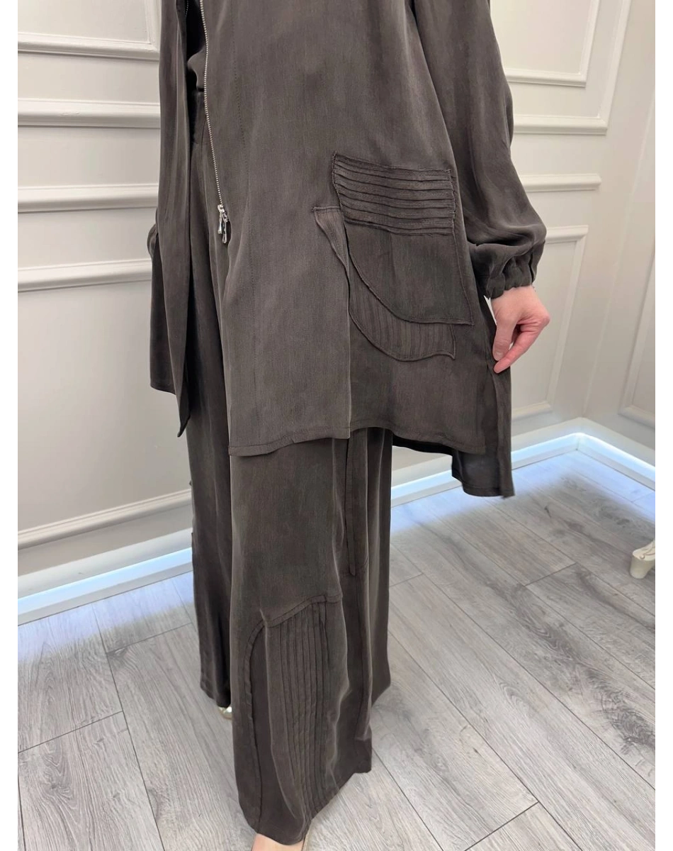 Misswhence 39208 Kahverengi Tunik Arkası Yırtmaçlı Takım