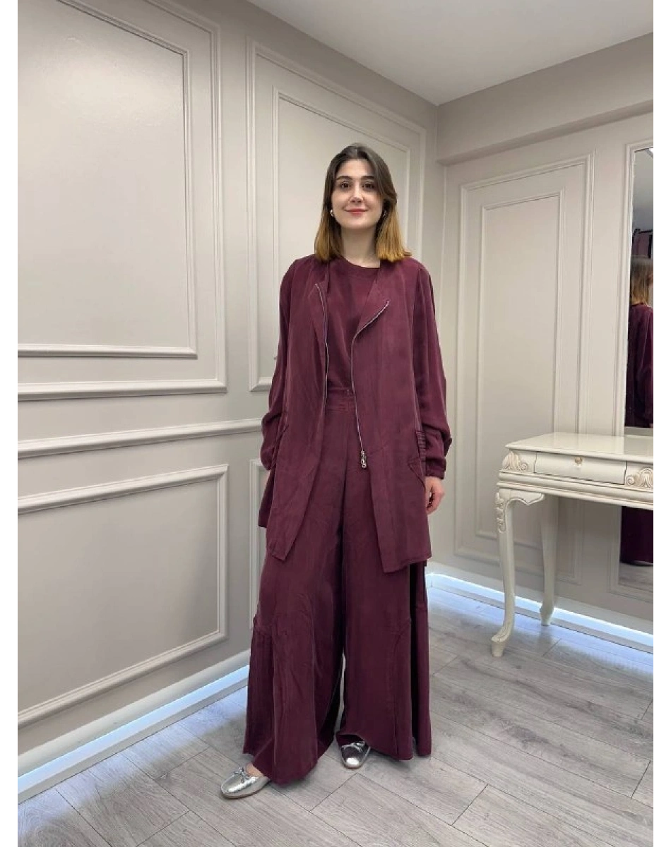 Misswhence 39208 Bordo Tunik Arkası Yırtmaçlı Takım