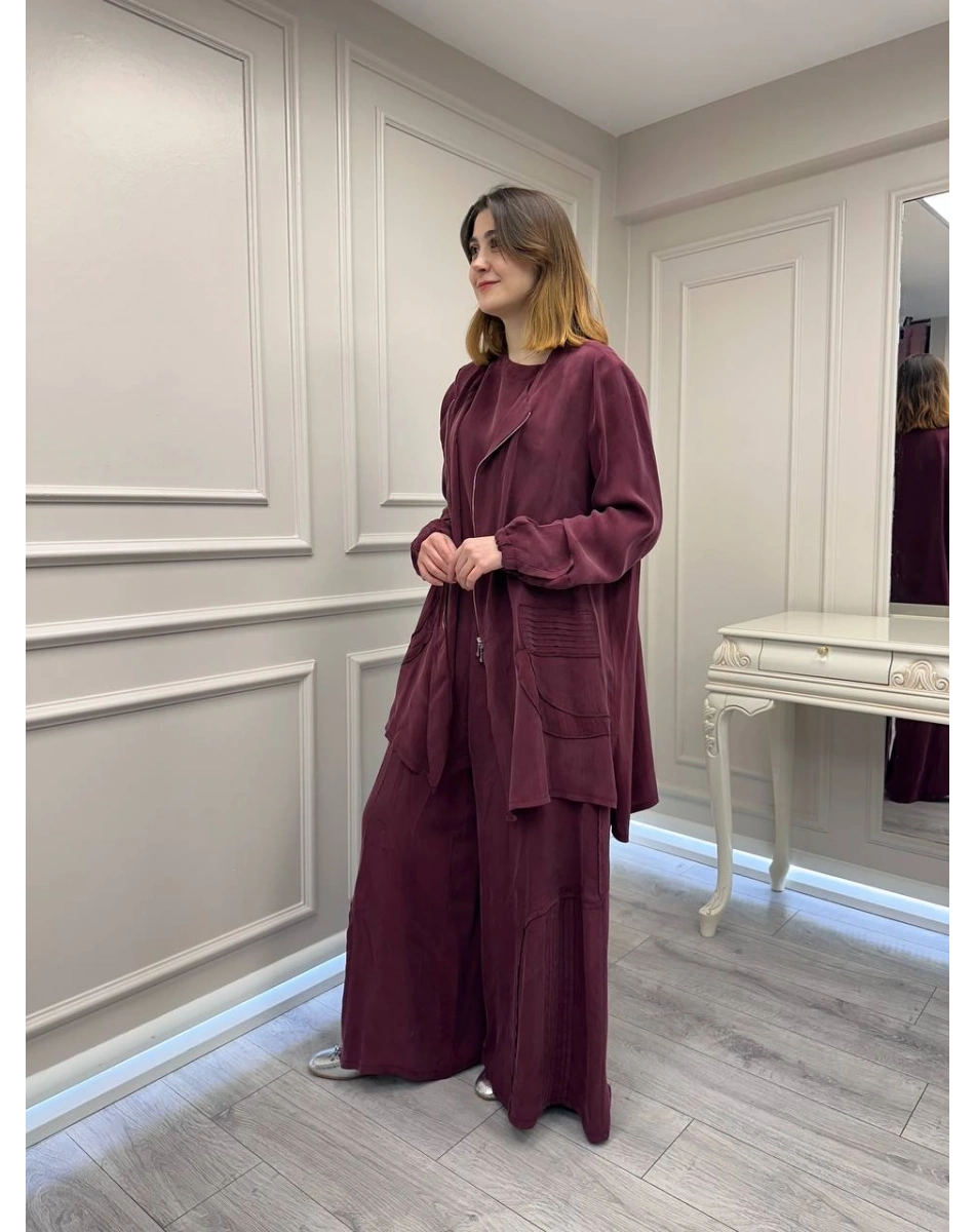 Misswhence 39208 Bordo Tunik Arkası Yırtmaçlı Takım