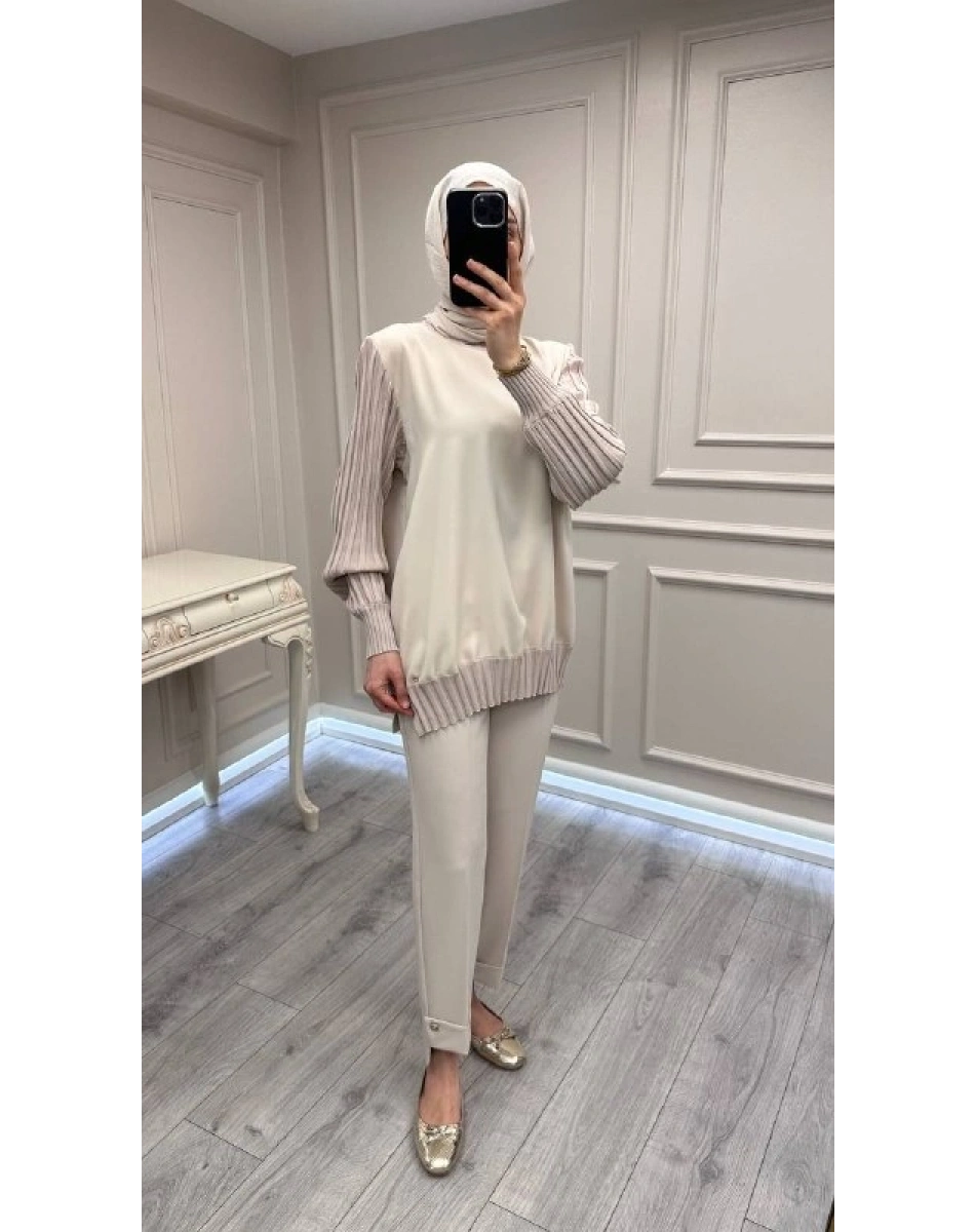 Ghisa 3630T4421 Bej Etek Ucu Ve Kolları Merserize Tunik