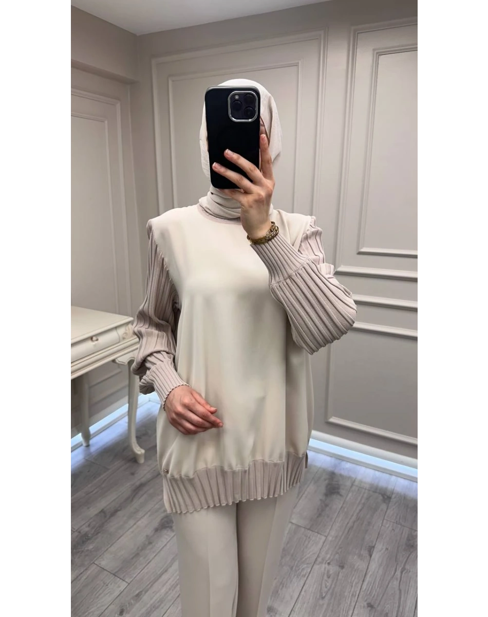 Ghisa 3630T4421 Bej Etek Ucu Ve Kolları Merserize Tunik