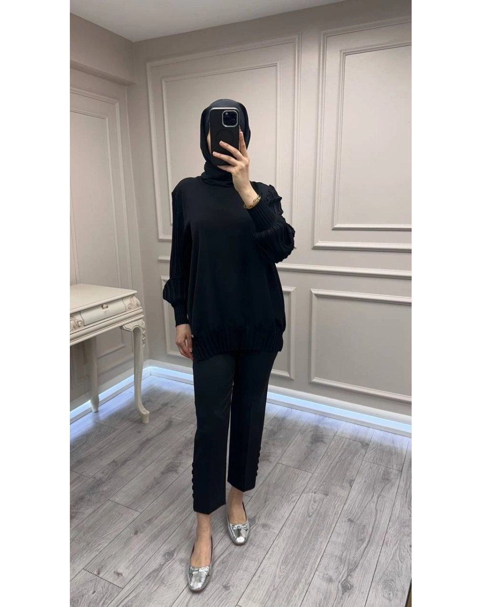 Ghisa 3630T4421 Siyah Etek Ucu Ve Kolları Merserize Tunik