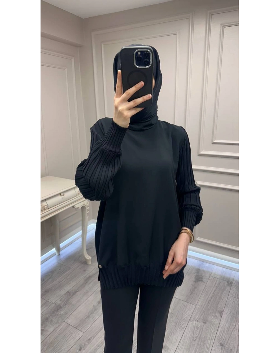 Ghisa 3630T4421 Siyah Etek Ucu Ve Kolları Merserize Tunik