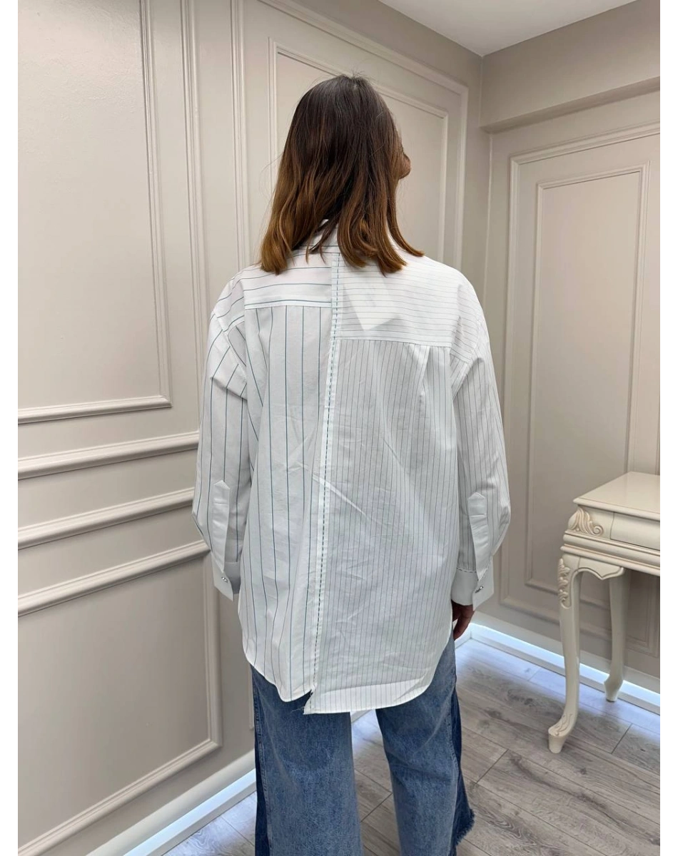 Venöve 26SSGOM0001 Yeşil Çizgili Elsi Gömlek