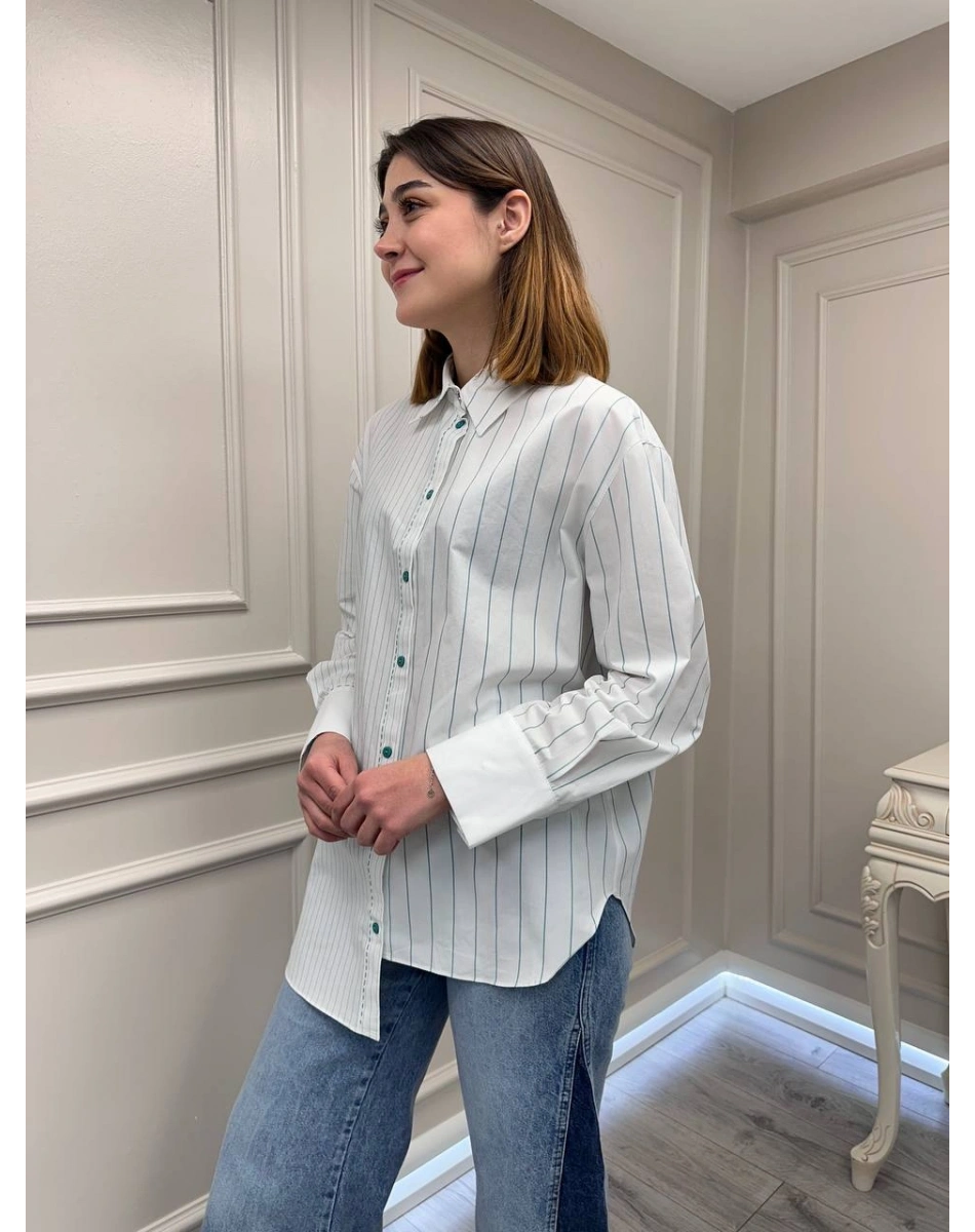 Venöve 26SSGOM0001 Yeşil Çizgili Elsi Gömlek