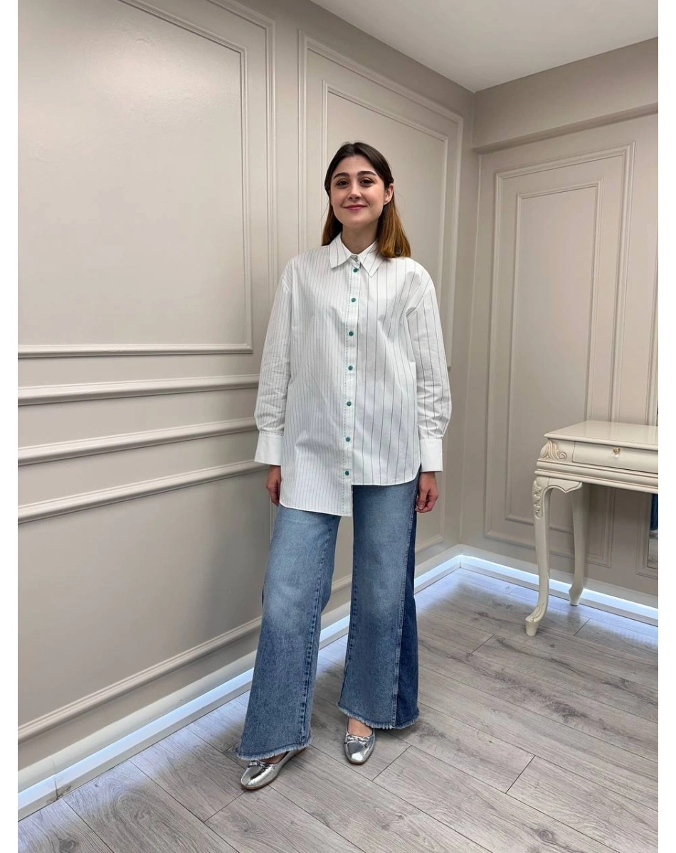 Venöve 26SSGOM0001 Yeşil Çizgili Elsi Gömlek