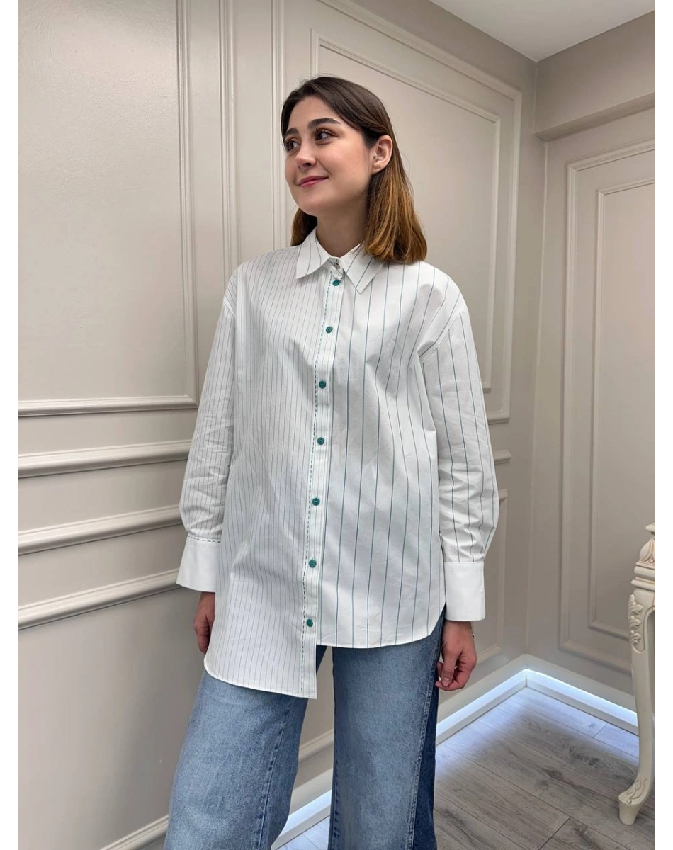 Venöve 26SSGOM0001 Yeşil Çizgili Elsi Gömlek