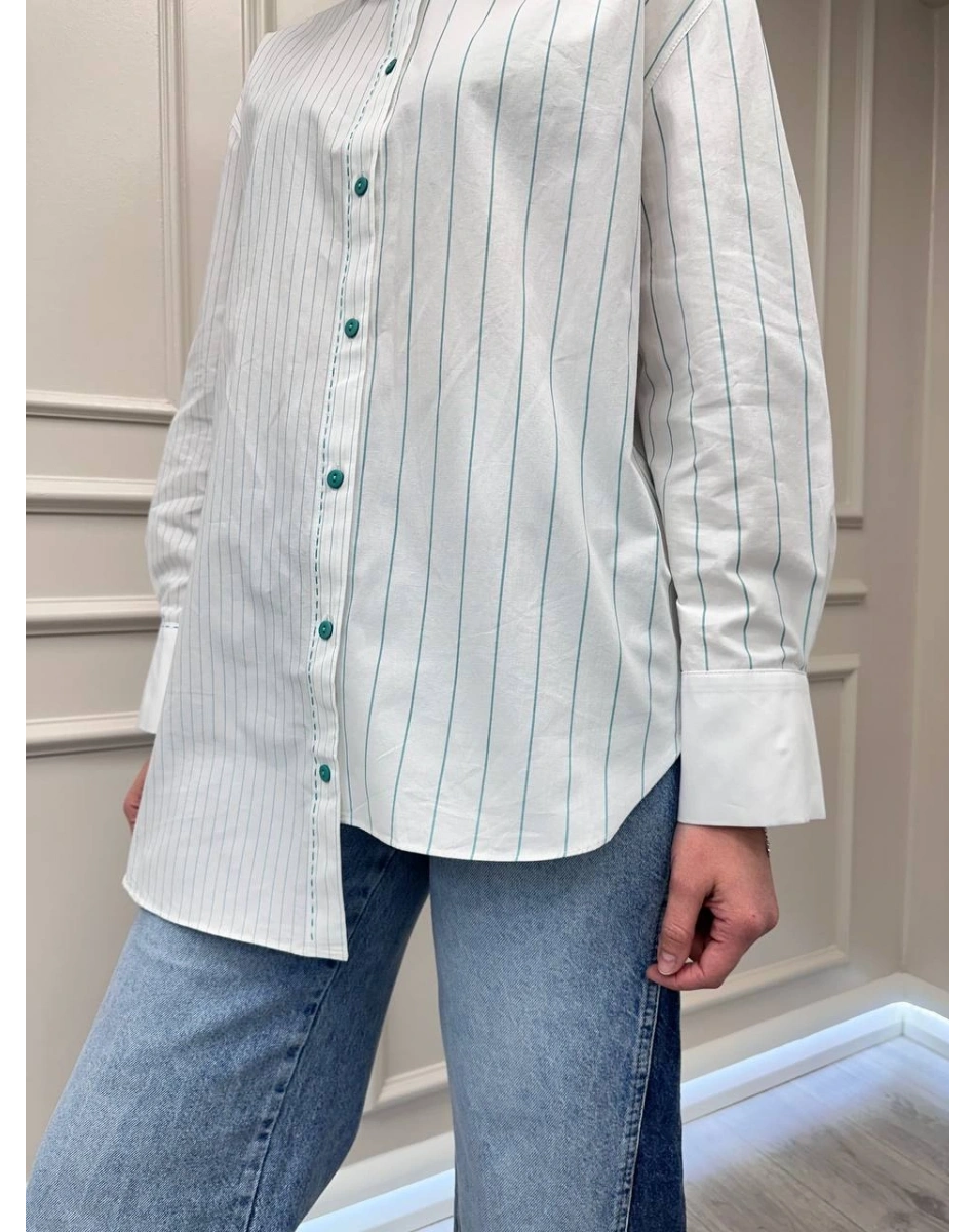 Venöve 26SSGOM0001 Yeşil Çizgili Elsi Gömlek