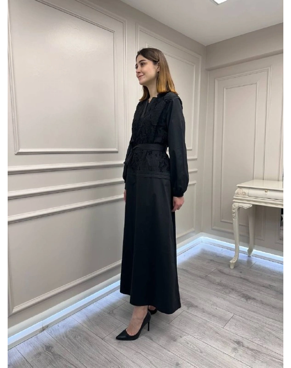 Misswhence 39803 Siyah Güpür Detaylı Elbise