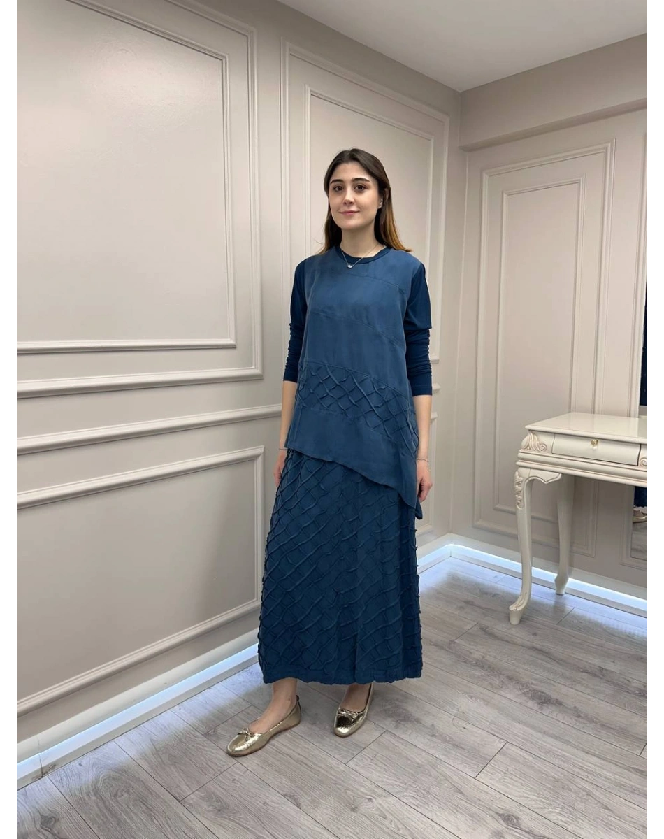 Misswhence 39002 İndigo Tunik Etek Takım