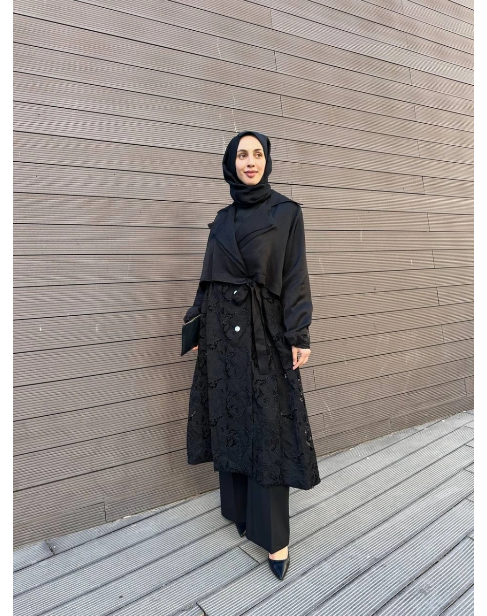 Misswhence 39400 Siyah Güpür Detaylı Kap