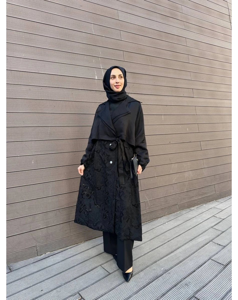 Misswhence 39400 Siyah Güpür Detaylı Kap