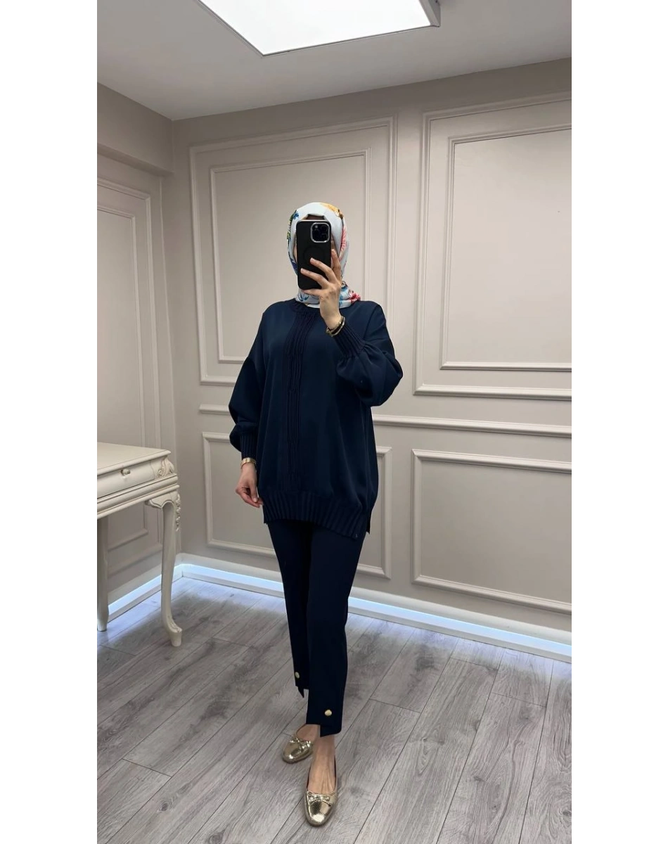 Ghisa 3630T4422 Lacivert Etek Ucu Ve Önü Merserize Detaylı Tunik