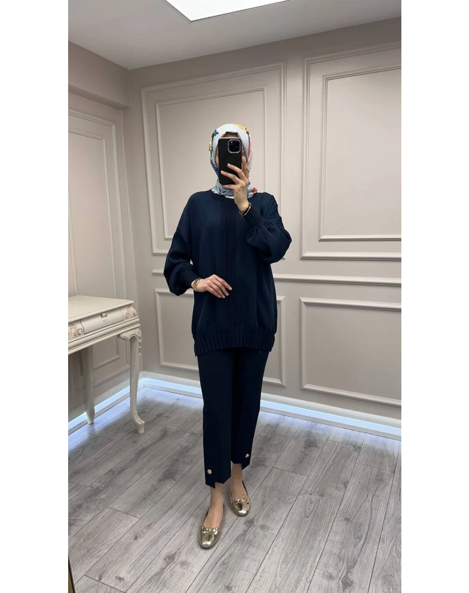 Ghisa 3630T4422 Lacivert Etek Ucu Ve Önü Merserize Detaylı Tunik