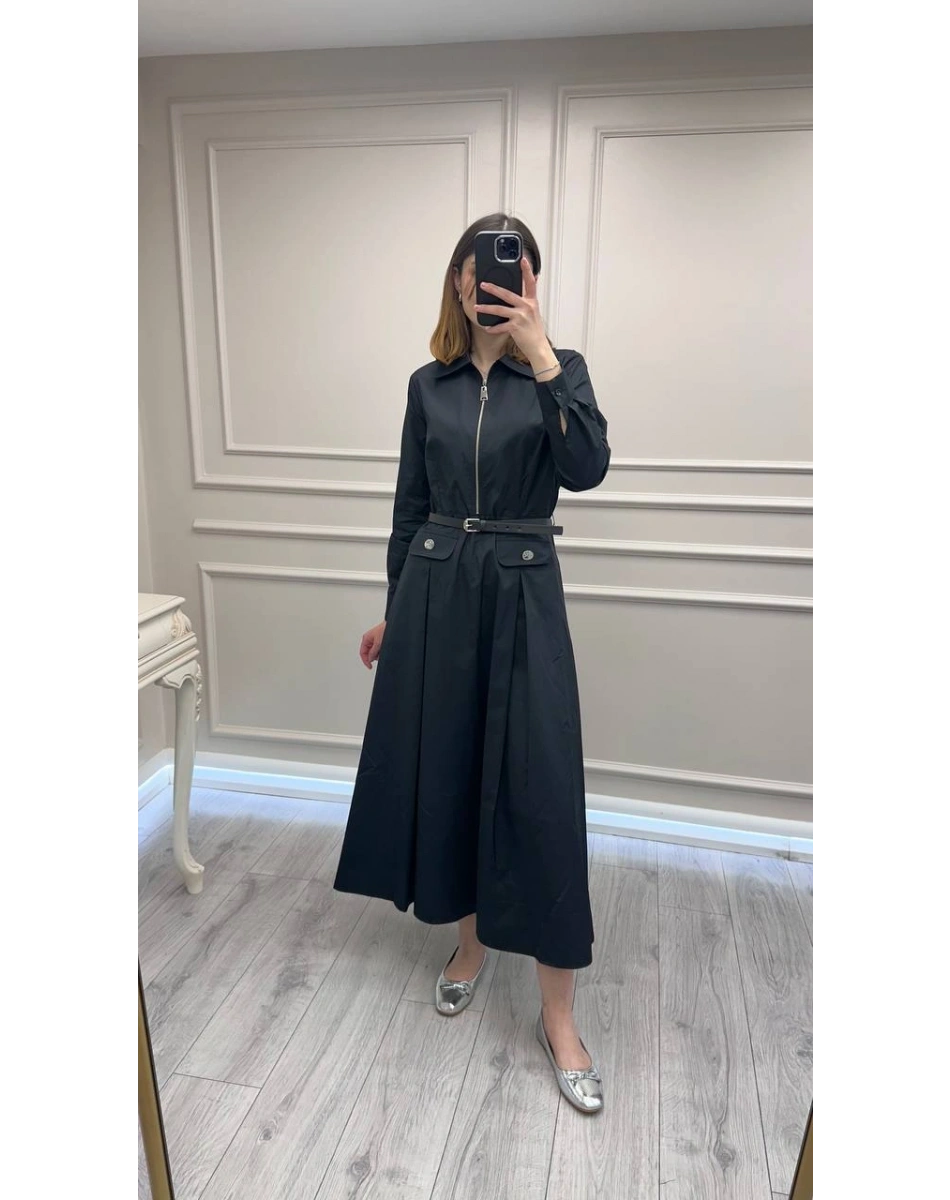 Wennora 1017 Siyah Kemer Detaylı Koton Elbise