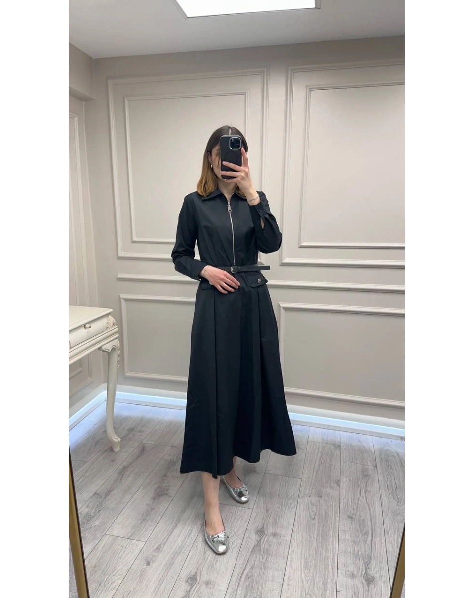 Wennora 1017 Siyah Kemer Detaylı Koton Elbise