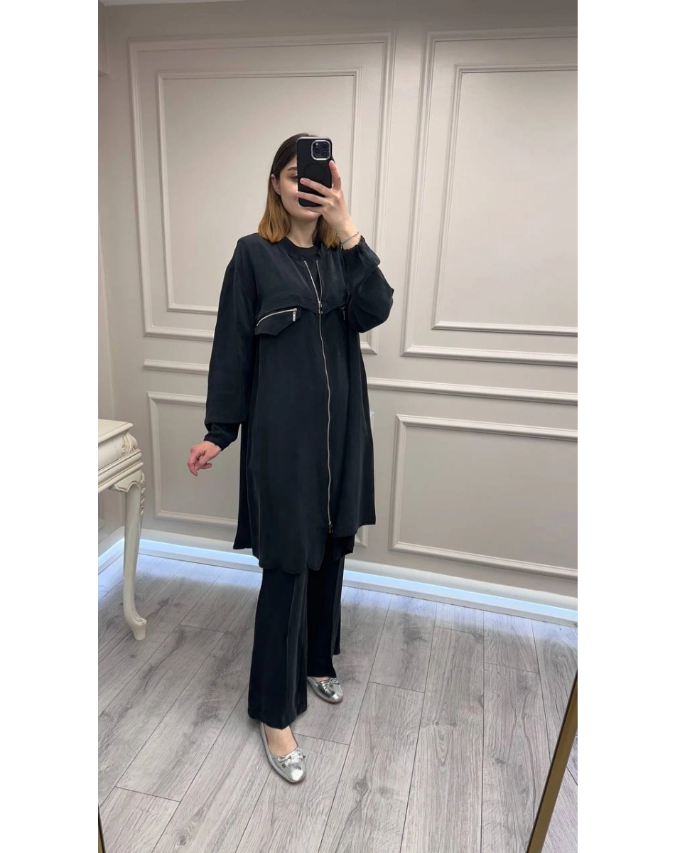 Misswhence 39310 Siyah Önü Fermuarlı Gömlek