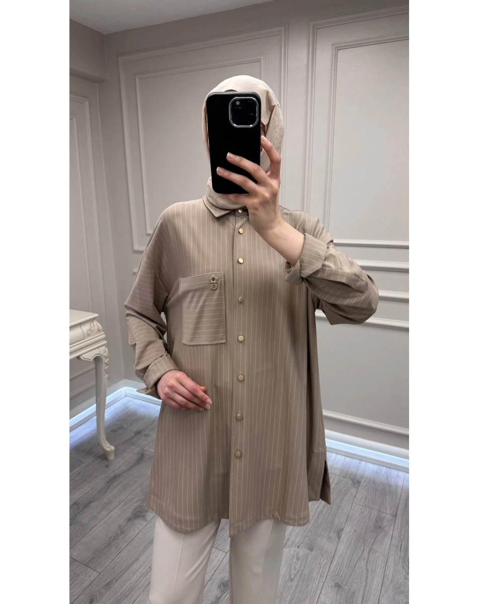 Ghisa 3610T4299 Bej Çizgi ve Cep Detaylı Tunik