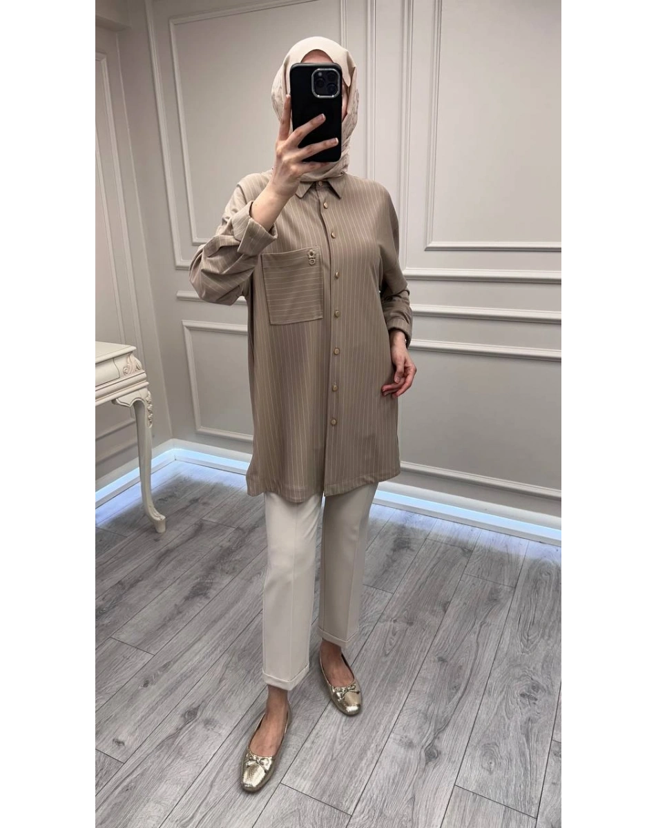 Ghisa 3610T4299 Bej Çizgi ve Cep Detaylı Tunik