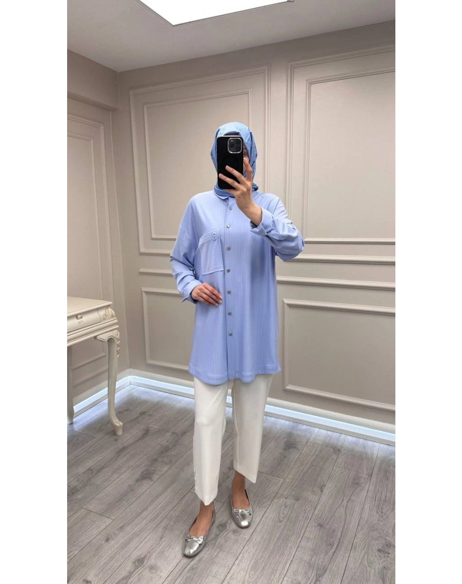 Ghisa 3610T4299 Mavi Çizgi ve Cep Detaylı Tunik