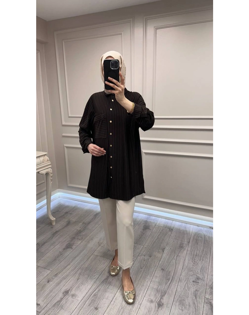 Ghisa 3610T4299 Kahve Çizgi ve Cep Detaylı Tunik