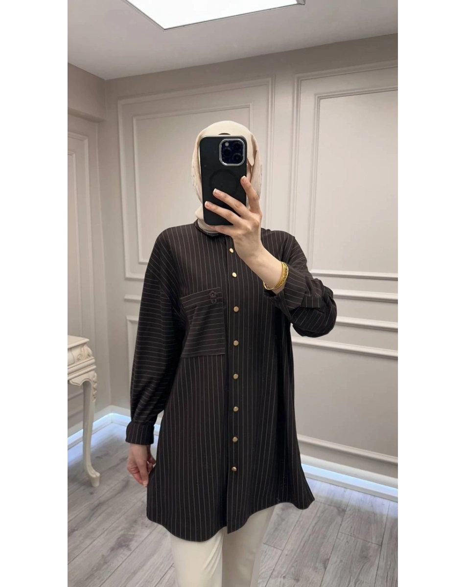 Ghisa 3610T4299 Kahve Çizgi ve Cep Detaylı Tunik