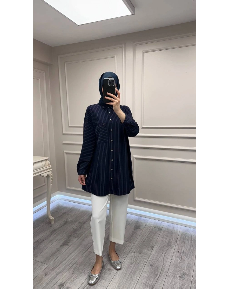 Ghisa 3610T4299 Lacivert Çizgi ve Cep Detaylı Tunik