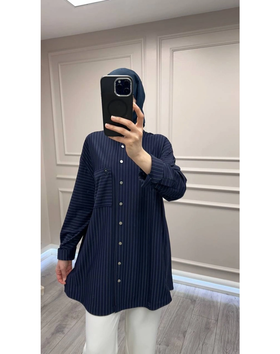 Ghisa 3610T4299 Lacivert Çizgi ve Cep Detaylı Tunik