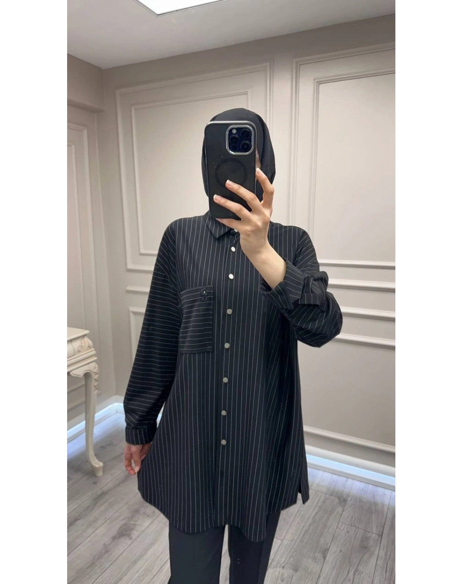 Ghisa 3610T4299 Siyah Çizgi ve Cep Detaylı Tunik