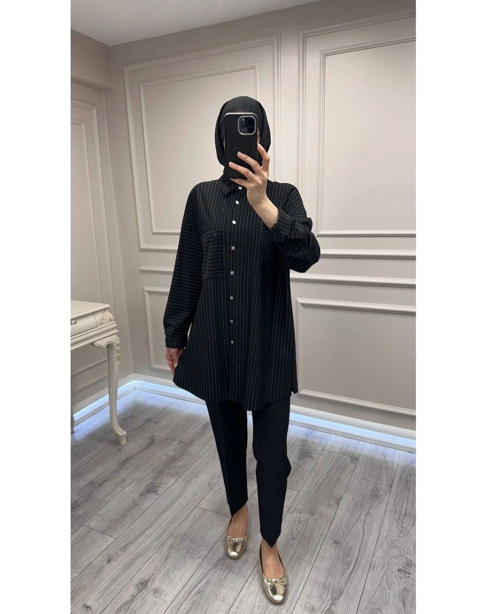 Ghisa 3610T4299 Siyah Çizgi ve Cep Detaylı Tunik
