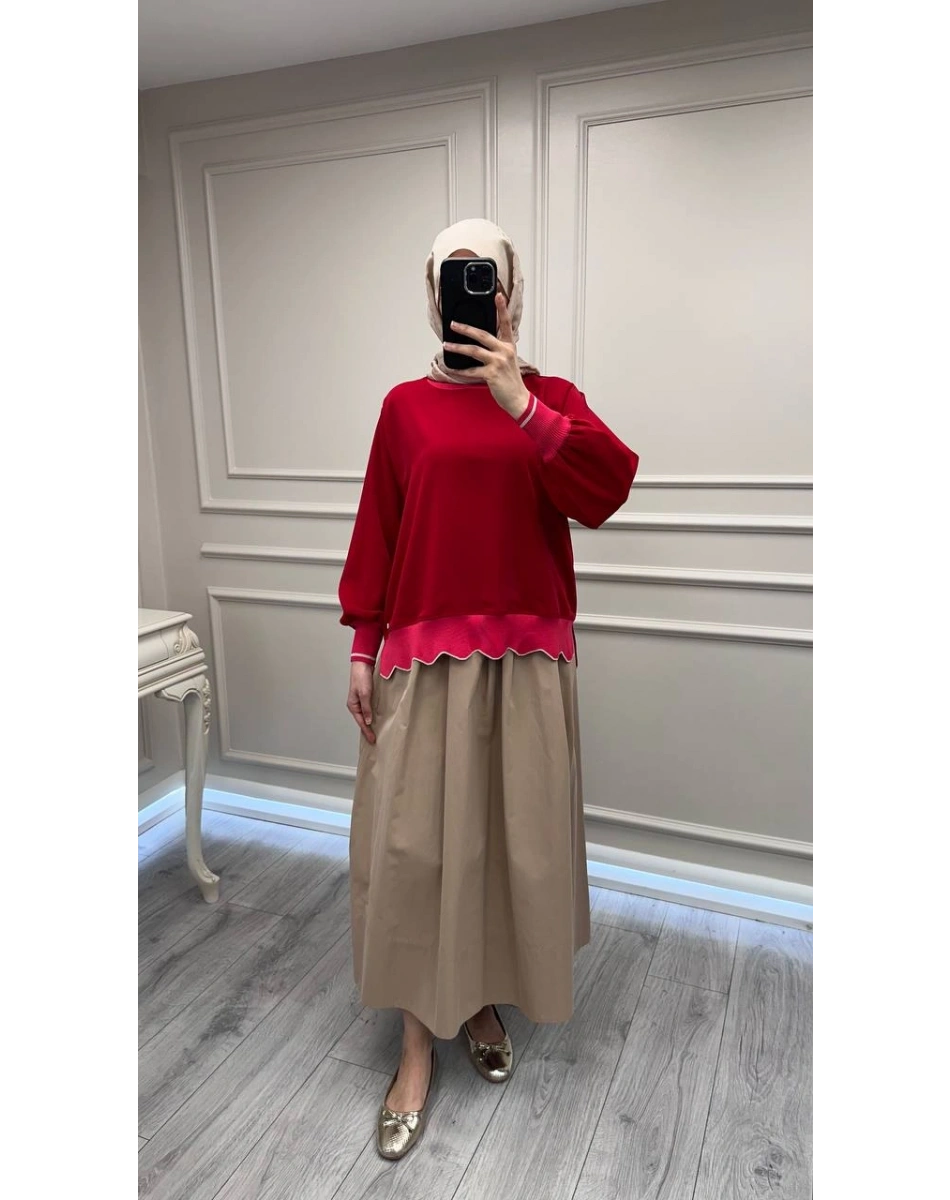 Ghisa 3630T4304 Kırmızı Ribana Detaylı Tunik