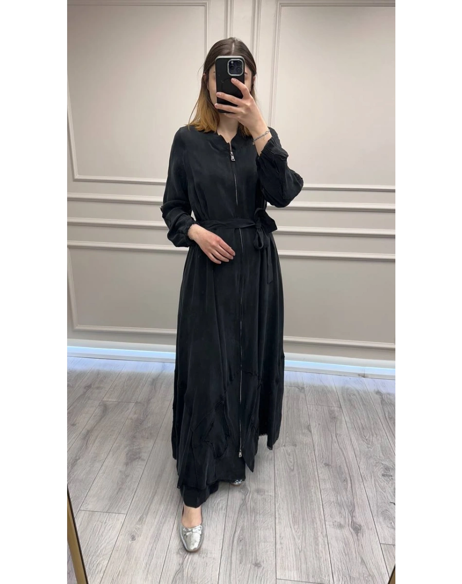 Misswhence 39500 Siyah Etek Ucu Güpür Detaylı Ferace