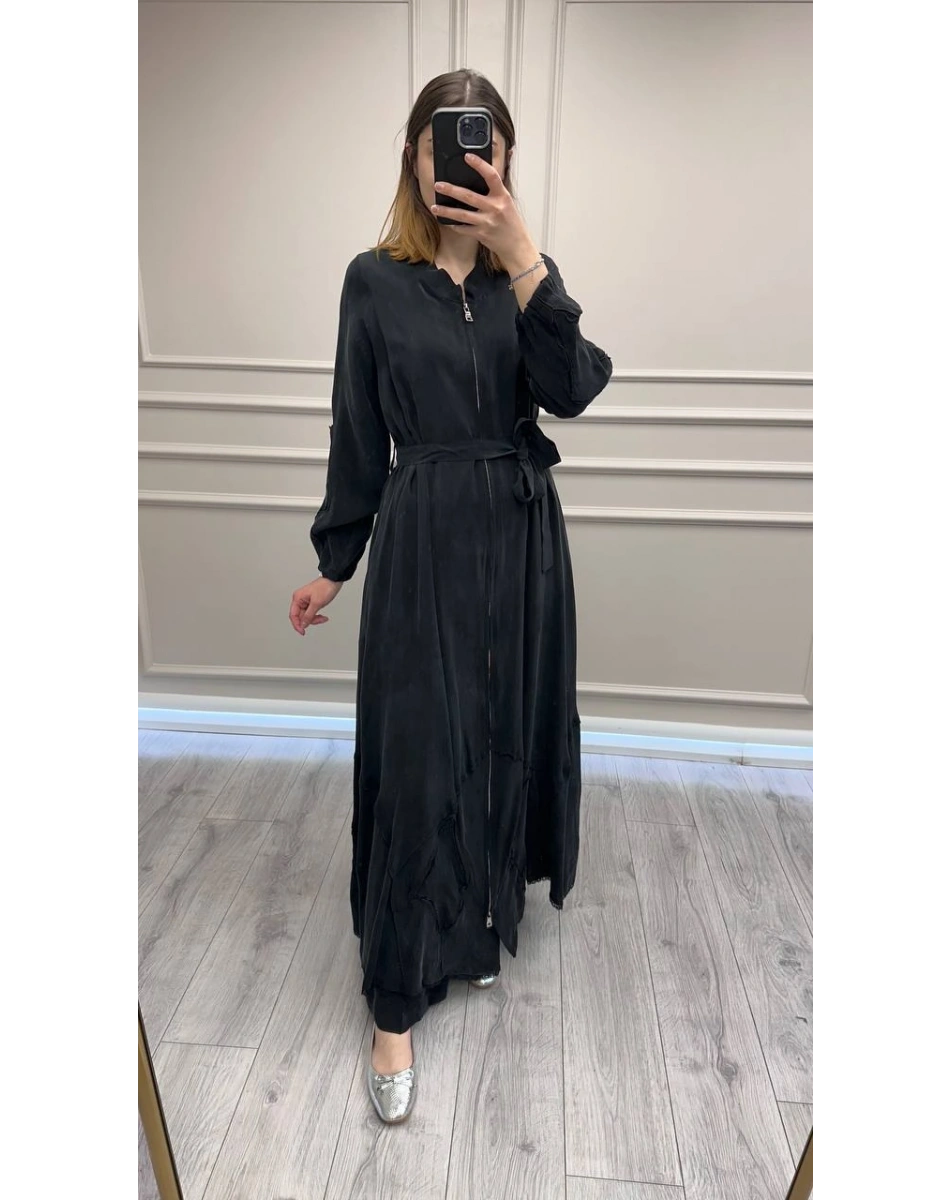 Misswhence 39500 Siyah Etek Ucu Güpür Detaylı Ferace