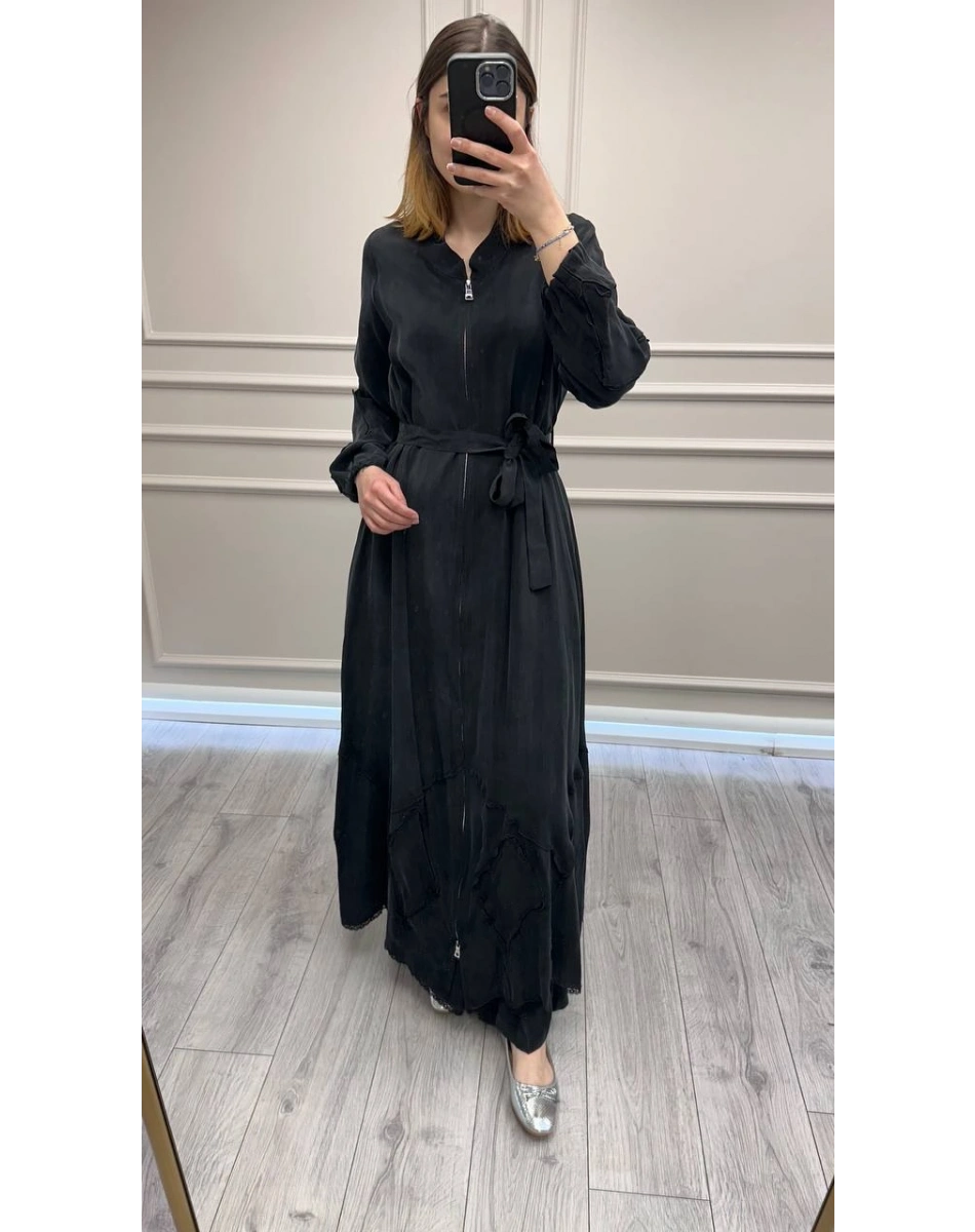 Misswhence 39500 Siyah Etek Ucu Güpür Detaylı Ferace