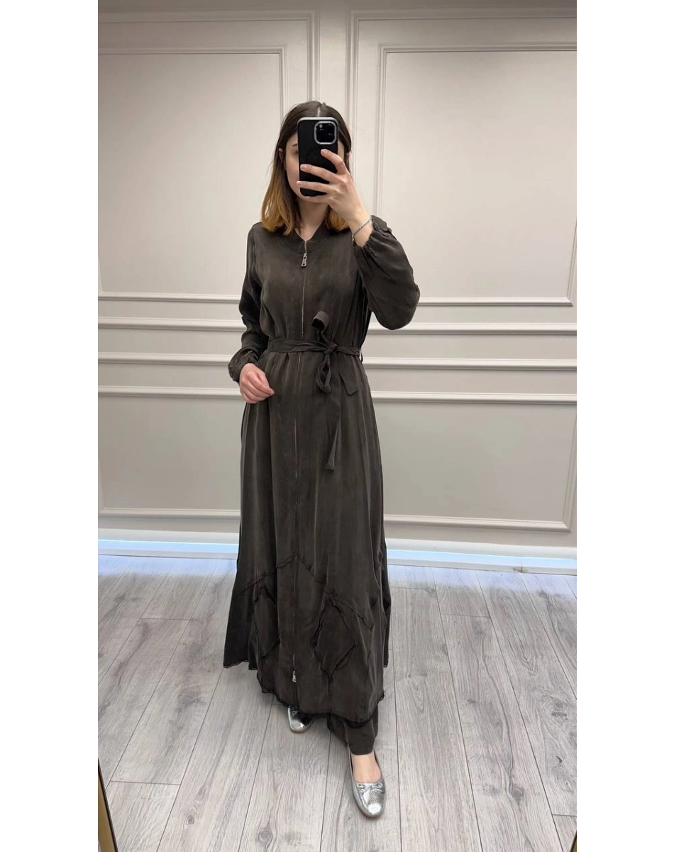 Misswhence 39500 Kahverengi Etek Ucu Güpür Detaylı Ferace