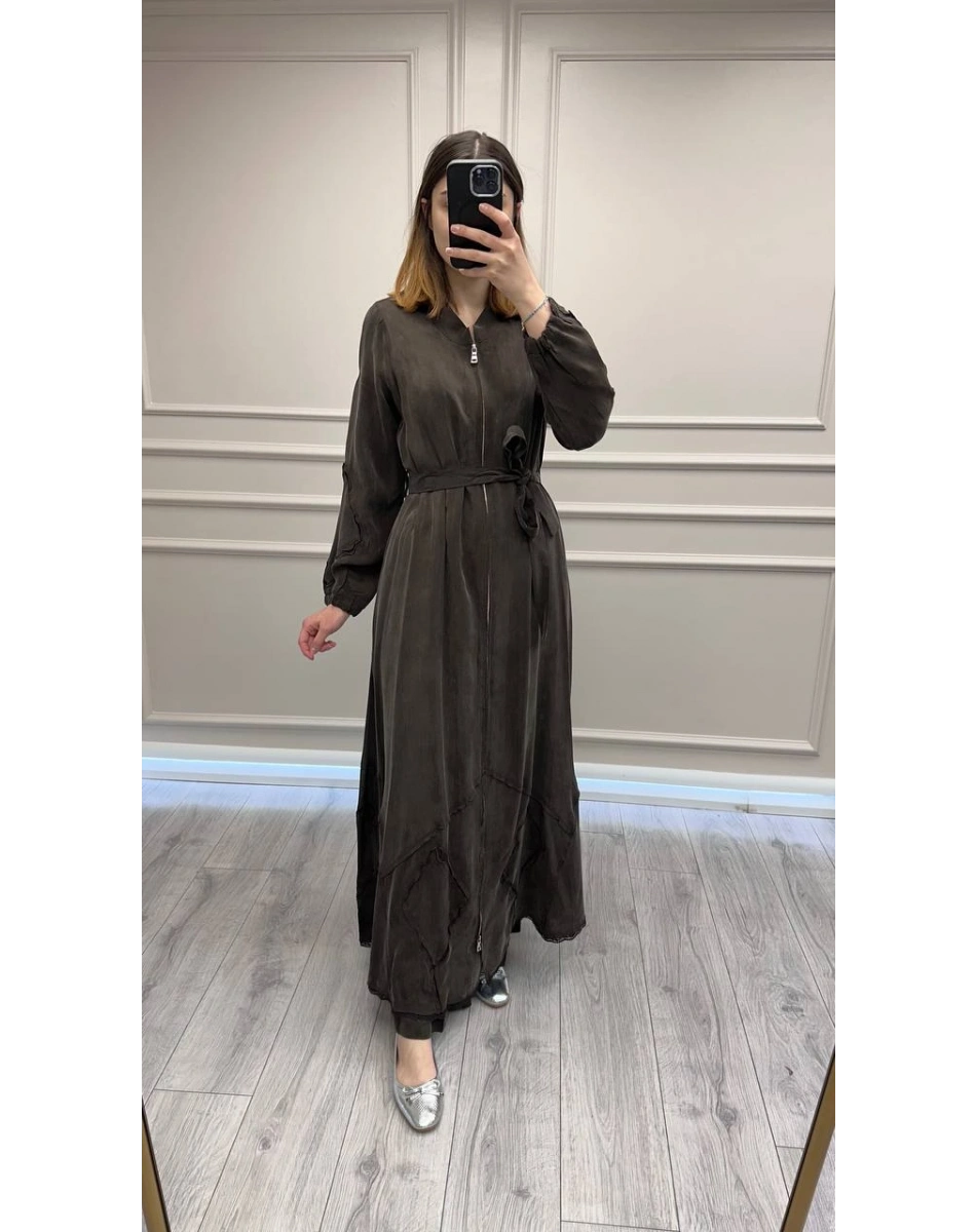 Misswhence 39500 Kahverengi Etek Ucu Güpür Detaylı Ferace