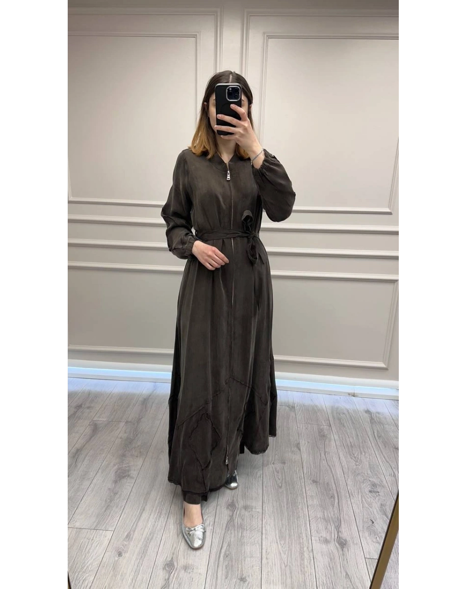 Misswhence 39500 Kahverengi Etek Ucu Güpür Detaylı Ferace