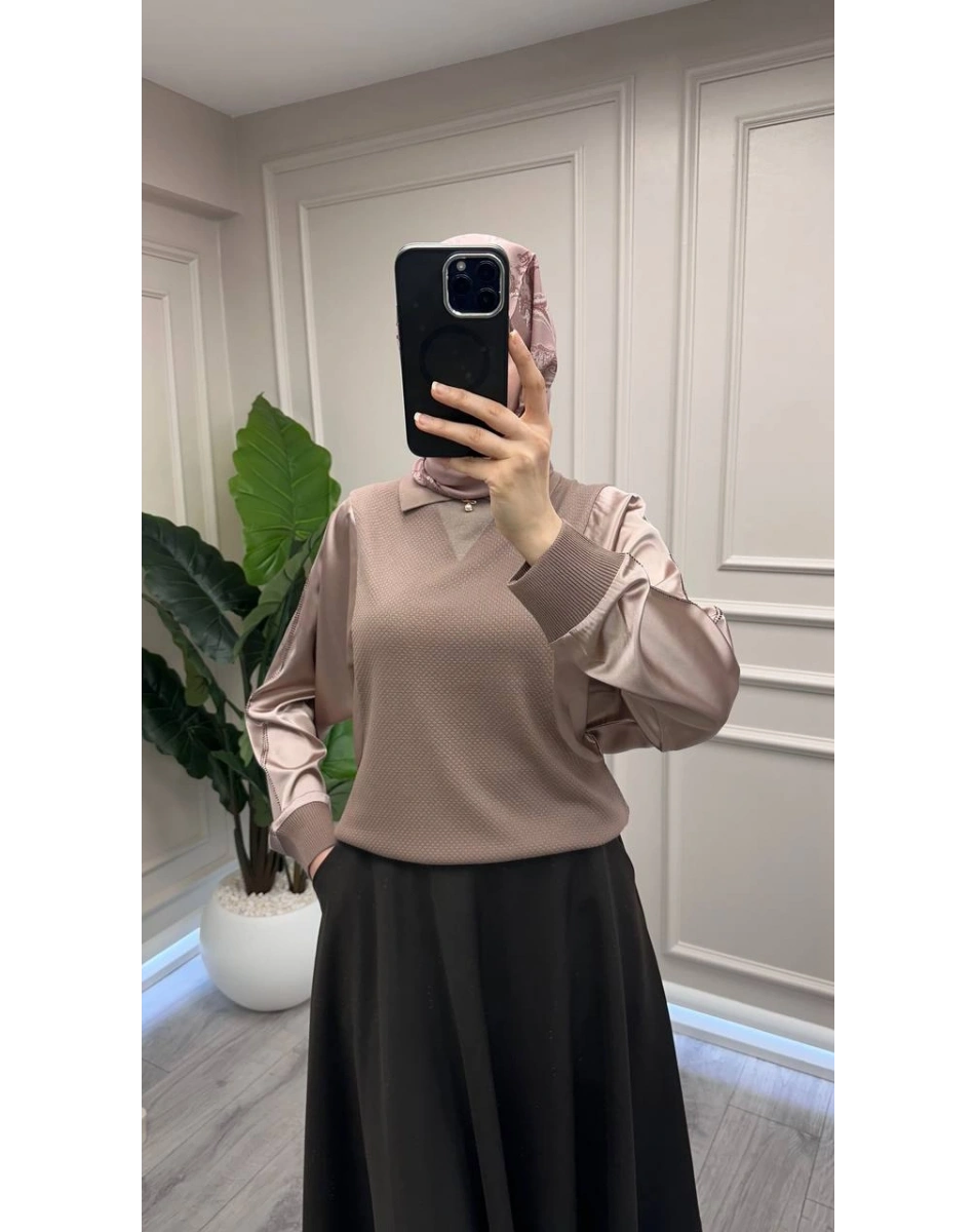 Ghisa 3651T4414 Kahve Kolları Saten Detaylı Tunik