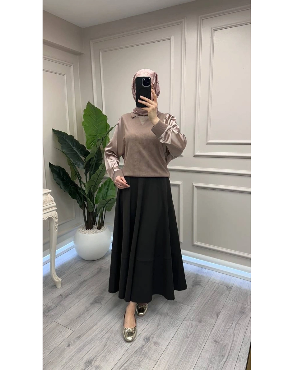 Ghisa 3651T4414 Kahve Kolları Saten Detaylı Tunik