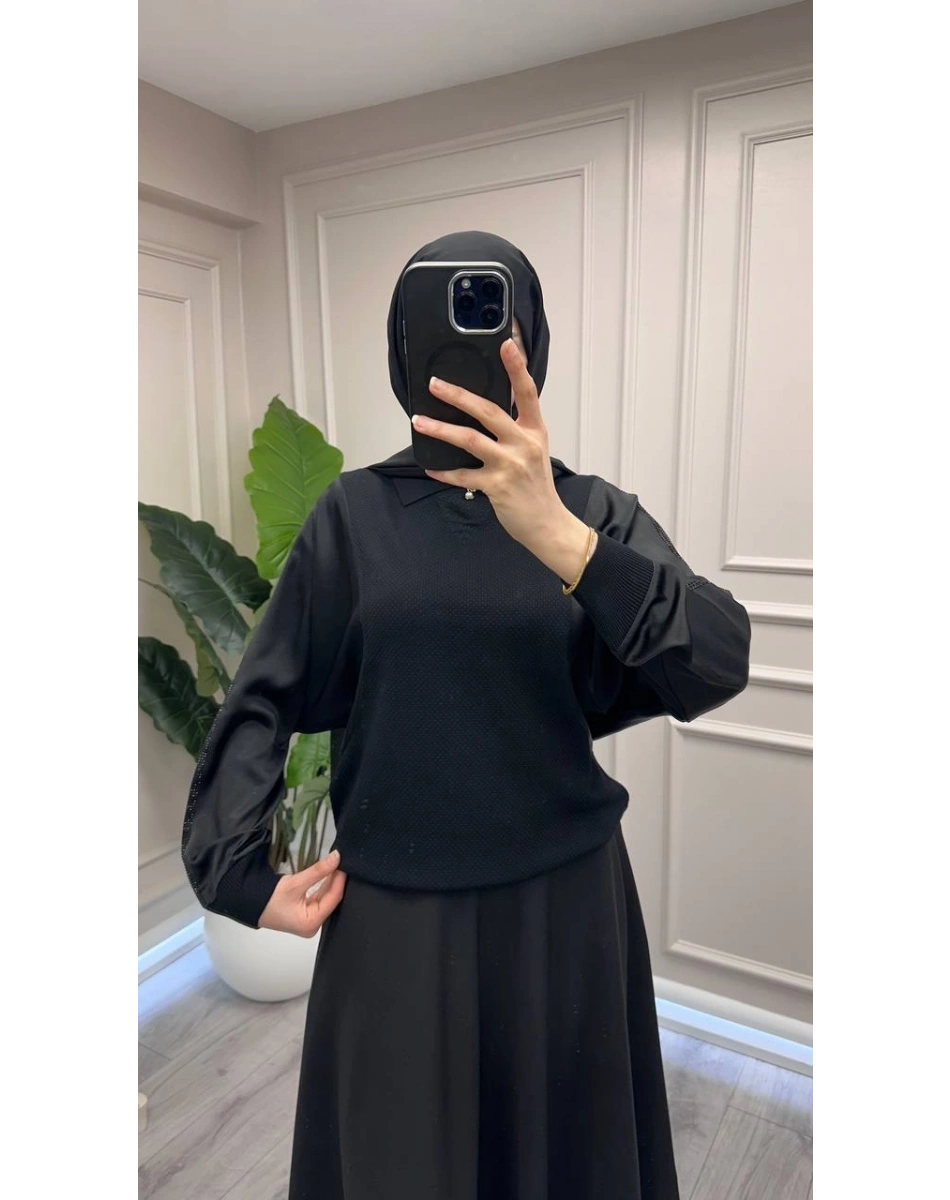Ghisa 3651T4414 Siyah Kolları Saten Detaylı Tunik