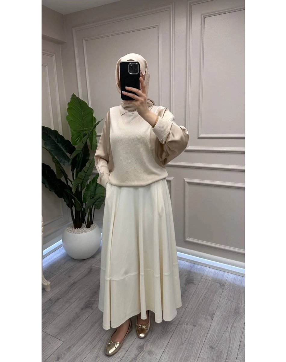 Yusuf Özdemir 26Y1627 Ekru Cepli Etek Ucu Dikişli Etek
