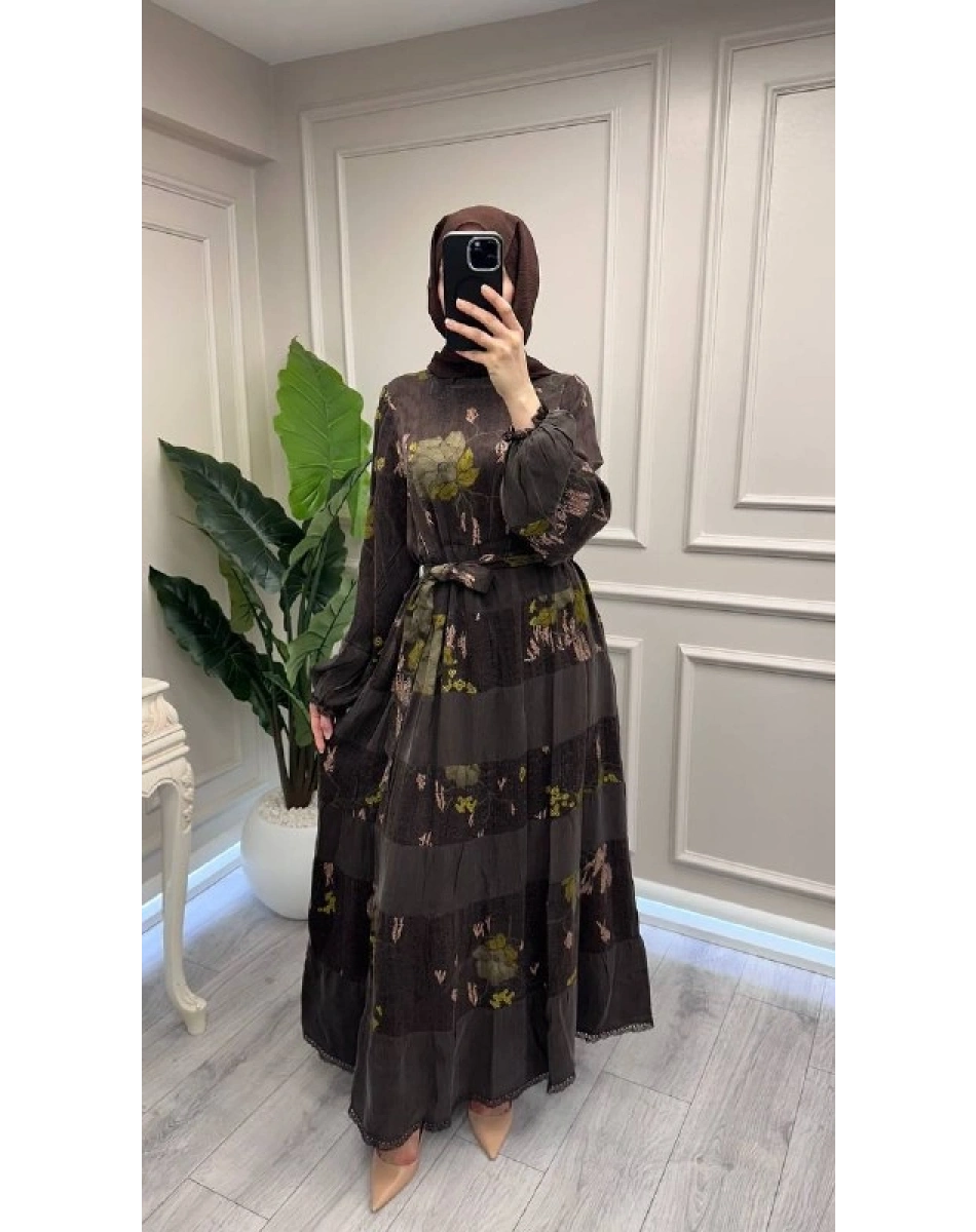 Misswhence 39843 Kahverengi Şerit Detaylı Desenli Elbise