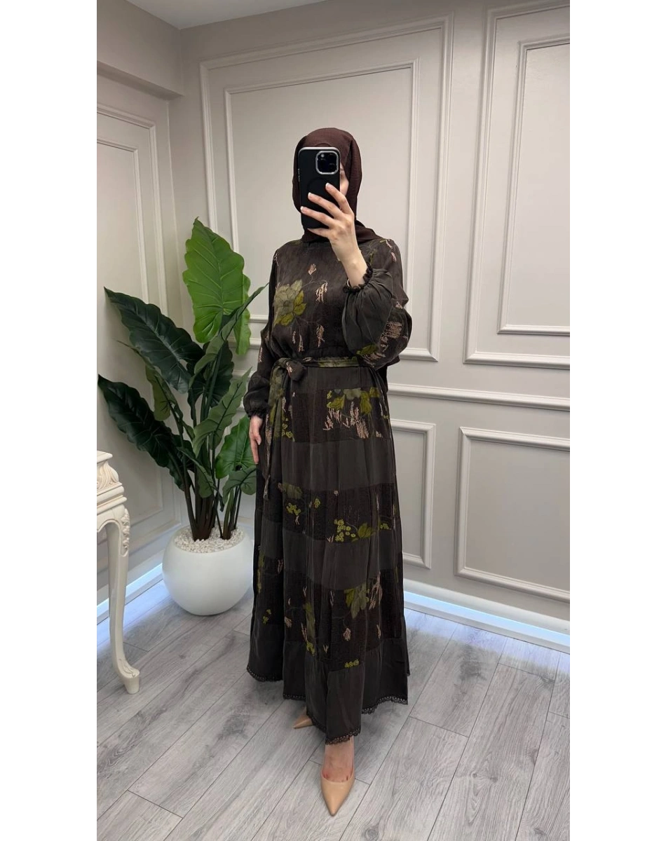 Misswhence 39843 Kahverengi Şerit Detaylı Desenli Elbise