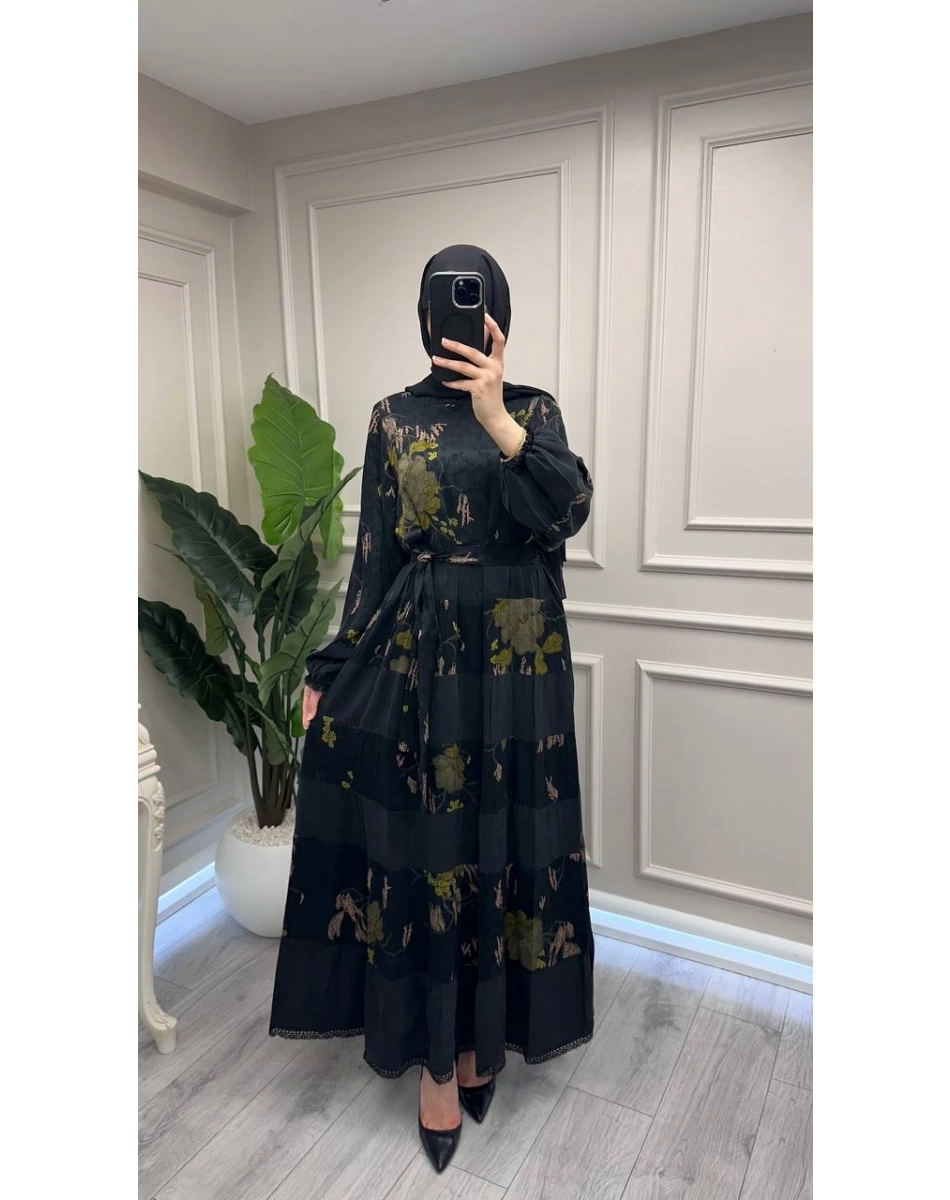 Misswhence 39843 Siyah Şerit Detaylı Desenli Elbise