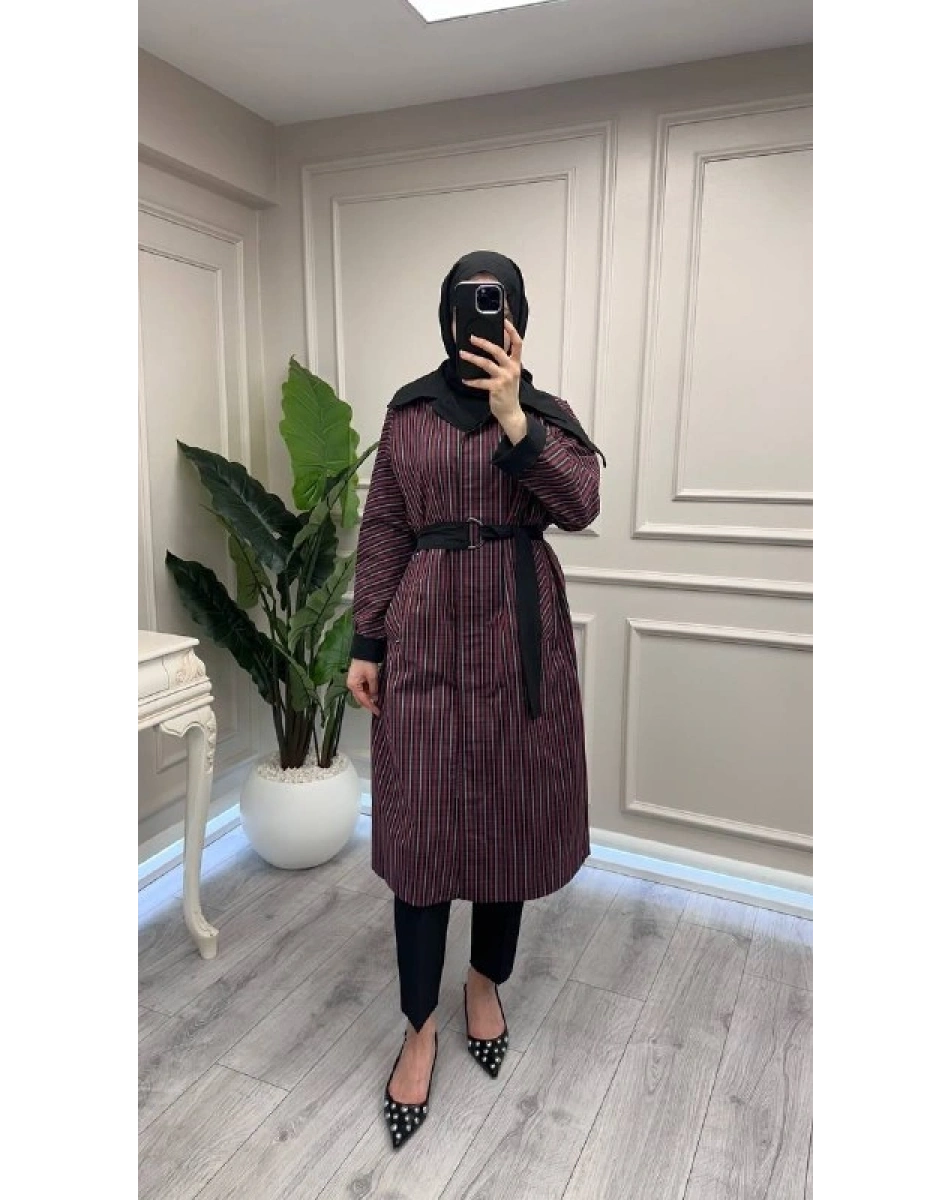 Trenç 3716 Bordo Ekose Desen Kemerli Kap