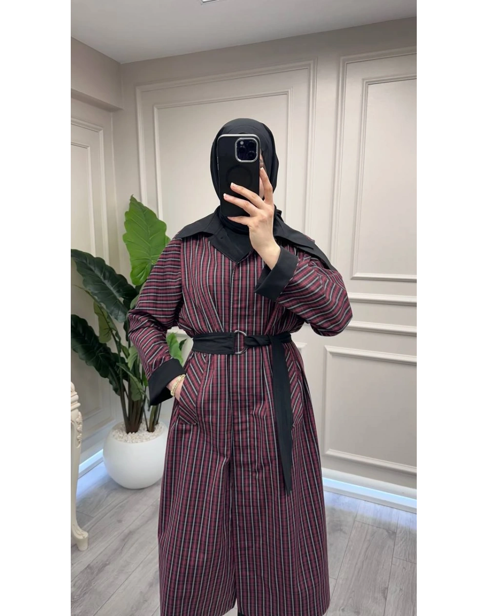 Trenç 3716 Bordo Ekose Desen Kemerli Kap