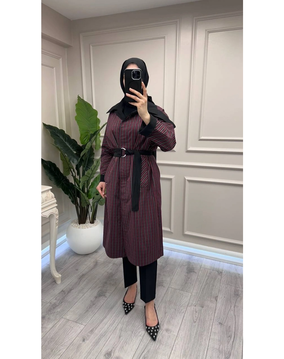 Trenç 3716 Bordo Ekose Desen Kemerli Kap