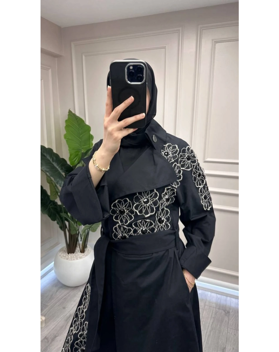 Trenç 3738 Siyah Gül Desenli Trençkot