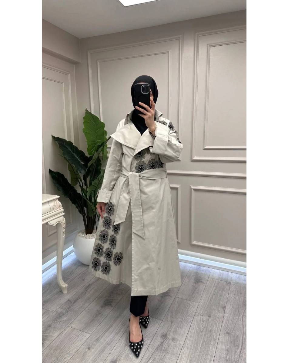 Trenç 3738 Taş Gül Desenli Trençkot